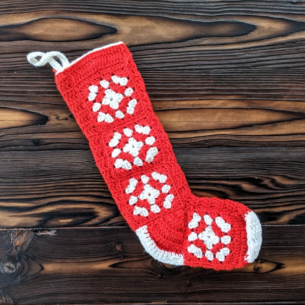 Vintage Granny Square Stocking Vintage Crochet Christmas Stocking Red Holiday Mantel Decor Christmas Mantel Retro Christmas Stocking Crochet