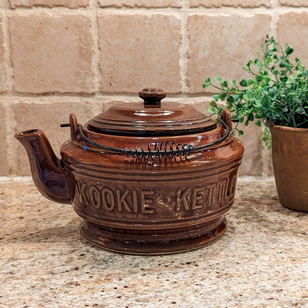 Vintage Stoneware Teapot Kettle with Wire Handle, "Kookie Kettle" Japan, Farmhouse Cookie Jar, Primitive Kitchen, Rustic Shelf Decor