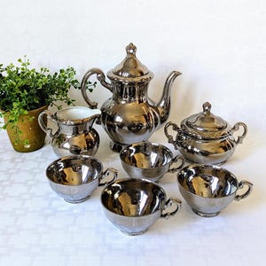 7 Piece Original Arnart Creation Silver Over Porcelain Tea Set Original Sticker Attached, MCM Teapot Creamer Sugar Bowl and 4 Cups Japan