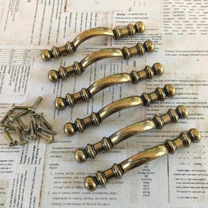 Set of 6 Vintage Brass Drawer Pulls with Hardware 5&quot; Brass Cabinet Handles Gold Furniture Accessories Classic Furniture Hardware DIY Home