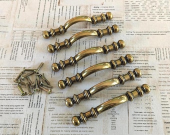 Set of 6 Vintage Brass Drawer Pulls with Hardware 5" Brass Cabinet Handles Gold Furniture Accessories Classic Furniture Hardware DIY Home