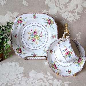 Vintage Royal Albert "Petit Point" Tea Trio - 3 Piece Set with Cup, Saucer, and Lunch Plate - Blue & Pink Rose Cross Stitch Pattern
