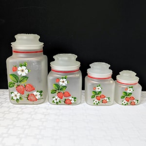 Vintage Anchor Hocking Strawberry Canister Set, 4 Piece Frosted/Satin Glass Lidded Canister Jars, Kitchen Storage, Strawberry Decor
