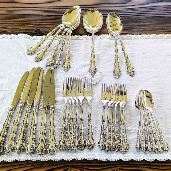 Vintage Oneida Community Beethoven Silverplate Flatware 32 Piece Set with Serving Pieces, Vintage 1971 Baroque Silverware with Roses
