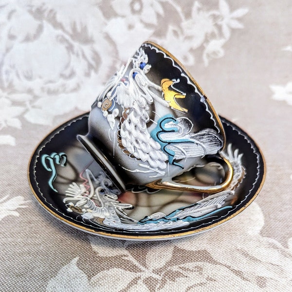 Vintage Dragonware Demitasse Cup and Saucer Set, Small Dragon Teacup, Hand Painted Black Gold White Tea Cup/Demitasse, Vintage Collectible