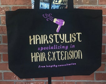 Hairstylist Personalize CANVAS  Zippered Black Tote Bag/Hairdresser Gift tote Bag/Cosmetologist Bag/Hair Extensions/Gift for a friend