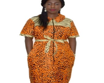 African Animal Print Ankara Dress, Midi Shirt Dress With Side Pockets