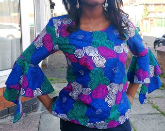 Ankara print flare sleeve top, African print top/blouse, African fashion, African clothing, Blue Cotton top