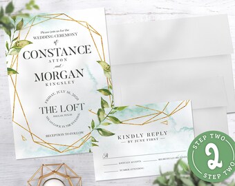 Green Leaf Wedding Invitation Set // Printed Wedding Invitations // Watercolour Leaves