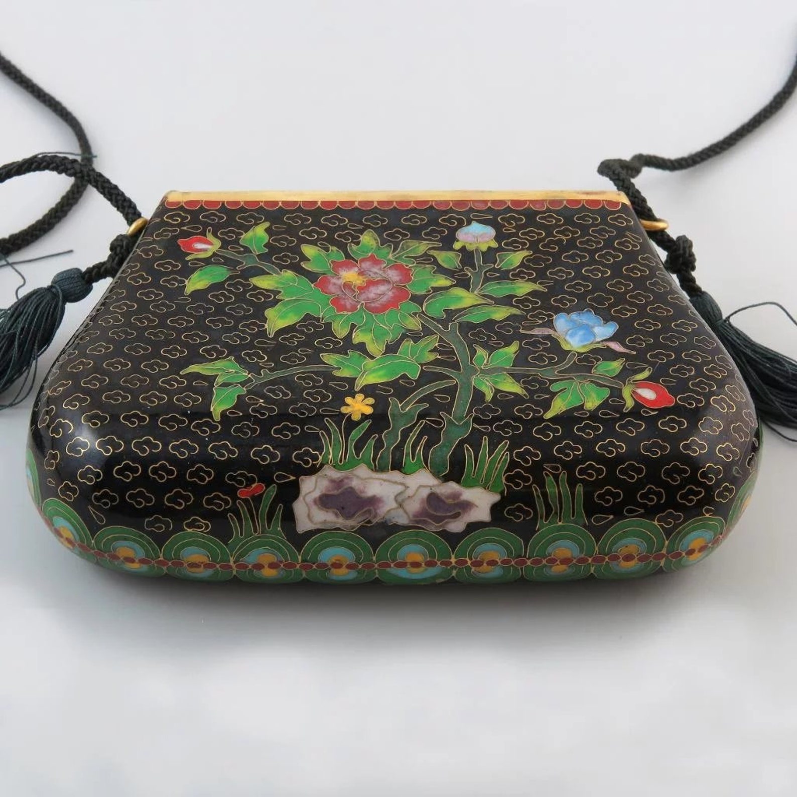 Vintage 1960s Chinese Cloisonne Enamel Clutch Purse Black Etsy