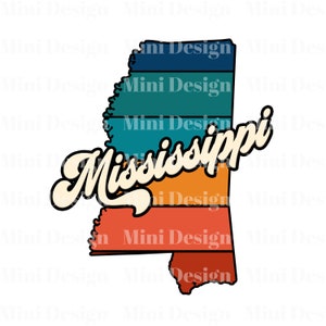 Retro Sonnenuntergang Mississippi PNG Datei, USA State Map 70er Jahre Vintage Stil Design, Digitaler Download, Sublimation Design, Sublimation Transfer