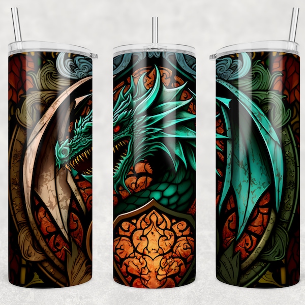 Stained Glass Teal Green Dragon 20oz Skinny Tumbler Design, Vignette Emblem, Instant Download, PNG Sublimation, Digital, Tumbler Wrap