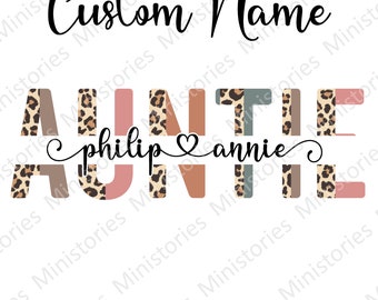 Personalized Kids Name, Custom Name, Leopard Auntie, Boho colors, Png Sublimation, Custom Text, Transparent Background