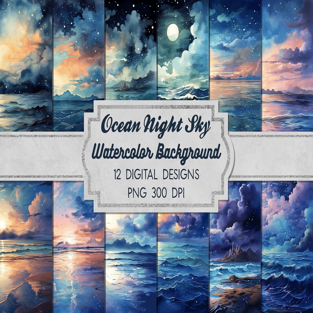 Dreamy Night Sky Ocean Backgrounds: Moon Digital Paper (PNG File) - Etsy