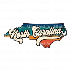 Retro Sunset North Carolina PNG Datei, USA State Map 70er Jahre Vintage Stil Design, Digitaler Download, Sublimation Design, Sublimation Transfer