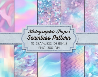 10 Rainbow Holographic Seamless Digital Paper Backgrounds (PNG File)