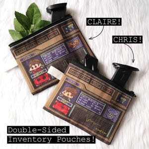 May include: Two brown rectangular zipper pouches featuring a pixelated video game inventory interface. Each pouch displays a character portrait, status data, and the names CLAIRE and CHRIS. A black magazine protrudes from the top of each pouch.