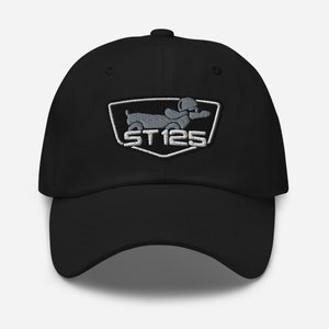 Könnte beinhalten: Schwarze Baseballkappe mit einem weißen und grauen gestickten Aufnäher mit einem Cartoon-Hund und dem Text "ST125".