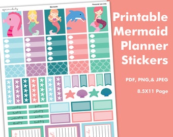 PRINTABLE Mermaid Calendar Planner Sticker Sheet, Student Planner, Cute Planner Theme Stickers, Bujo Organization, Bullet Journal Stickers