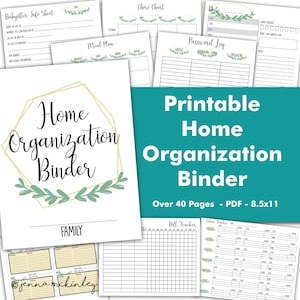May include: Printable Home Organization Binder with over 40 pages. The binder includes pages for meal planning, chore charts, password logs, bill tracking, and more. The cover features a green and gold design with the text "Home Organization Binder".