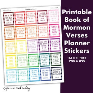 Op de afbeelding: Printbare planner stickers met verzen uit het Boek van Mormon. De stickers zijn 8,5 x 11 inch groot en verkrijgbaar in verschillende kleuren. De stickers zijn perfect om een vleugje geloof toe te voegen aan je planner of dagboek.
