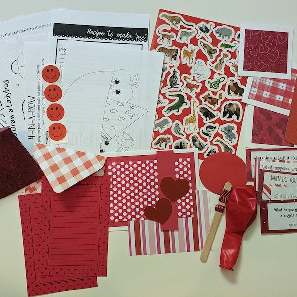 Red Stationary Pen Pal Kit, Assorted Snail Mail Gift Pack, Card Making Set, Happy Mail for Kids, Red Ephemera, Junk Journal Craft Supplies