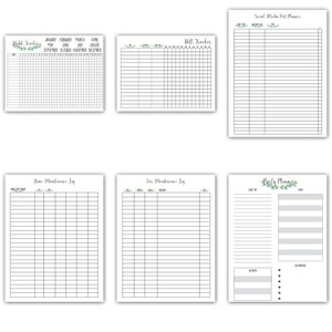 May include: Printable planner pages with a green floral design. The pages include sections for habit tracking, bill tracking, social media post planning, home maintenance, car maintenance, and party planning.