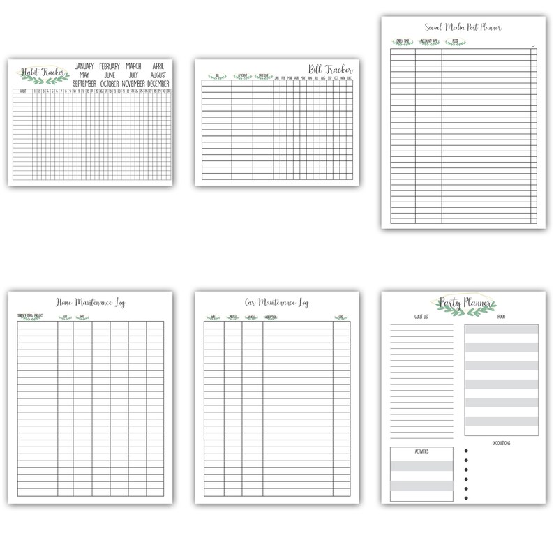 May include: Printable planner pages with a green floral design. The pages include sections for habit tracking, bill tracking, social media post planning, home maintenance, car maintenance, and party planning.