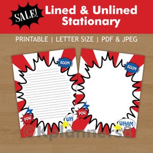 May include: Two sheets of comic book style stationery featuring red and white sunburst backgrounds with black jagged borders. One sheet is lined, the other is unlined. Both include blue and red speech bubbles with the text BOOM, POW, and WHAM.
