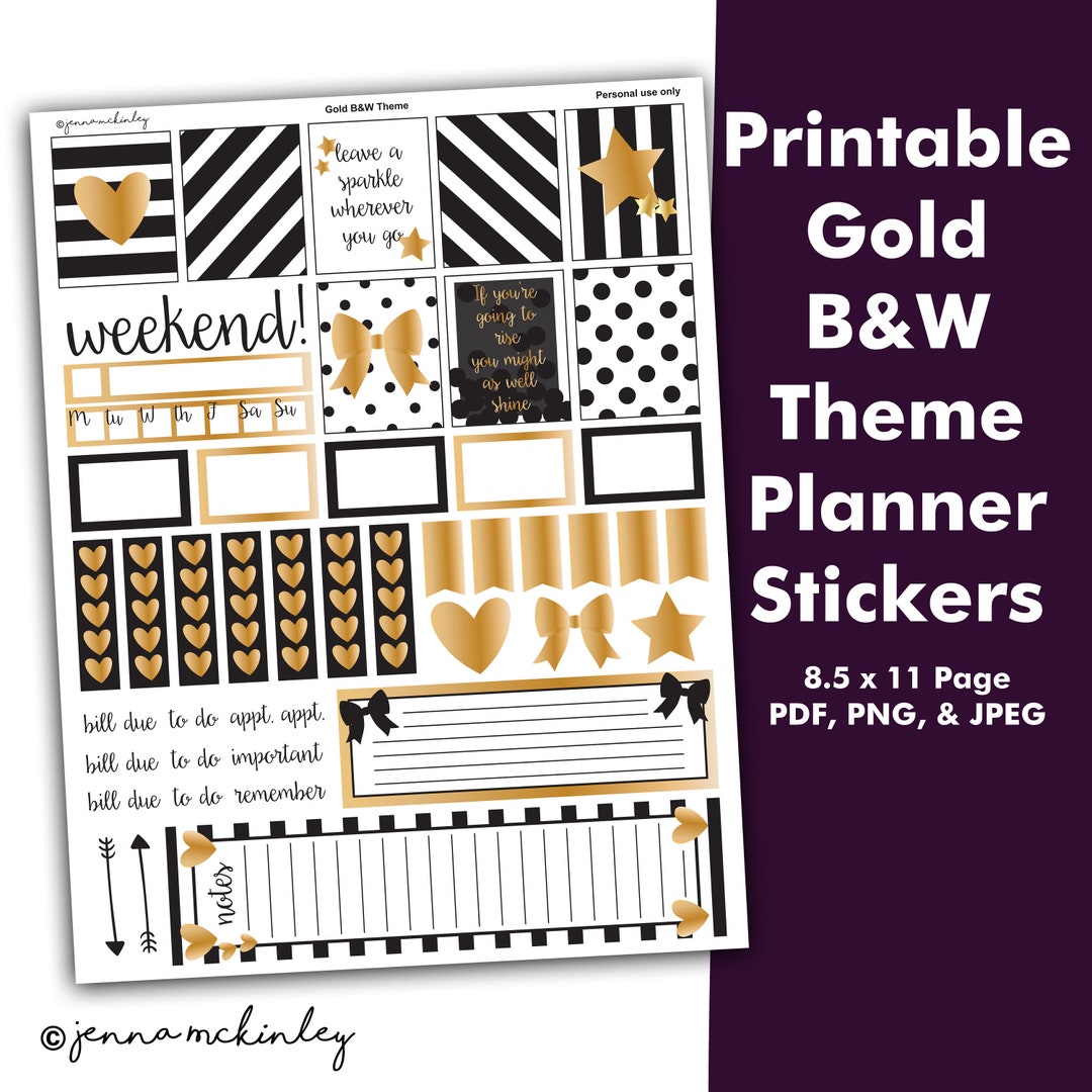 Printable Planner Stickers Black White and Gold Weekly Theme Calendar ...