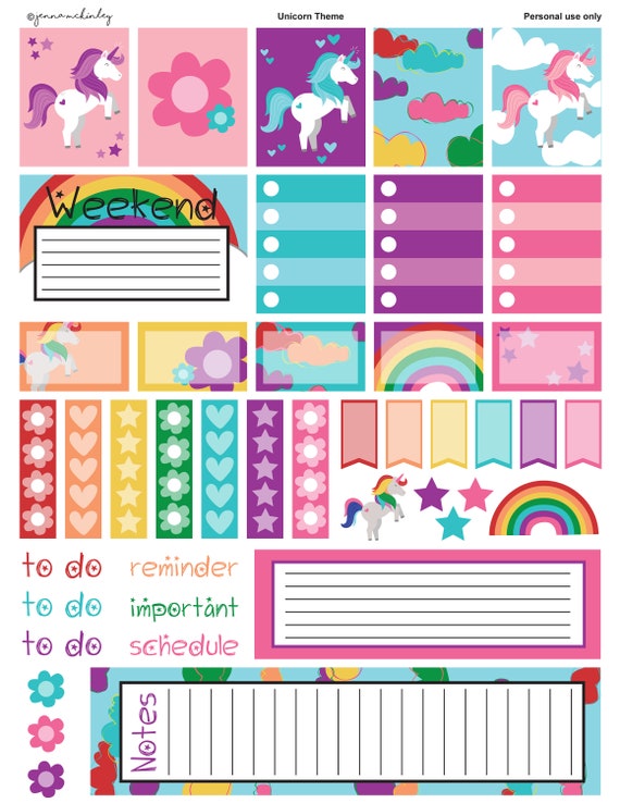 printable planner stickers rainbow unicorn weekly theme etsy