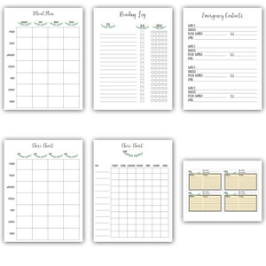 May include: Printable planner pages with a black and white design. The pages include a meal plan, reading log, chore chart, and emergency contacts.