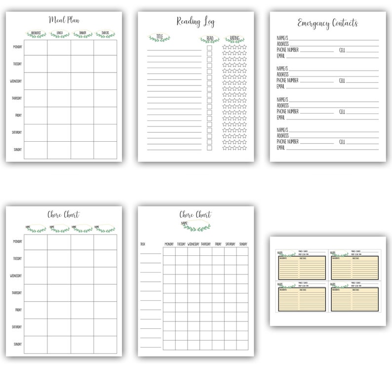 May include: Printable planner pages with a black and white design. The pages include a meal plan, reading log, chore chart, and emergency contacts.