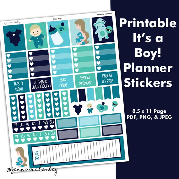 Printable It's a Boy! Baby Weekly Pregnancy Theme Planner Calendar Bullet Journal Stickers Cute Unique Organization Digital Instant Download Il_570xn