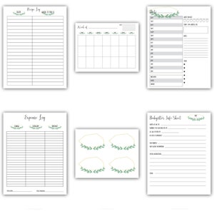 May include: Printable planner pages with a green and gold floral design. The pages include a recipe log, weekly planner, daily schedule, expense log, and babysitter info sheet.