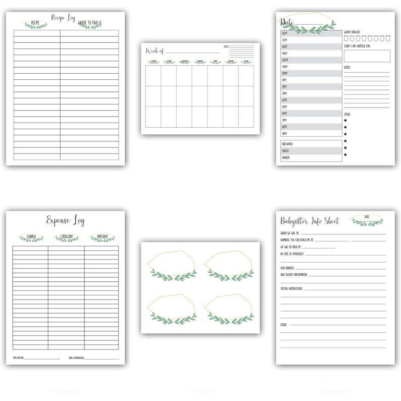 May include: Printable planner pages with a green and gold floral design. The pages include a recipe log, weekly planner, daily schedule, expense log, and babysitter info sheet.