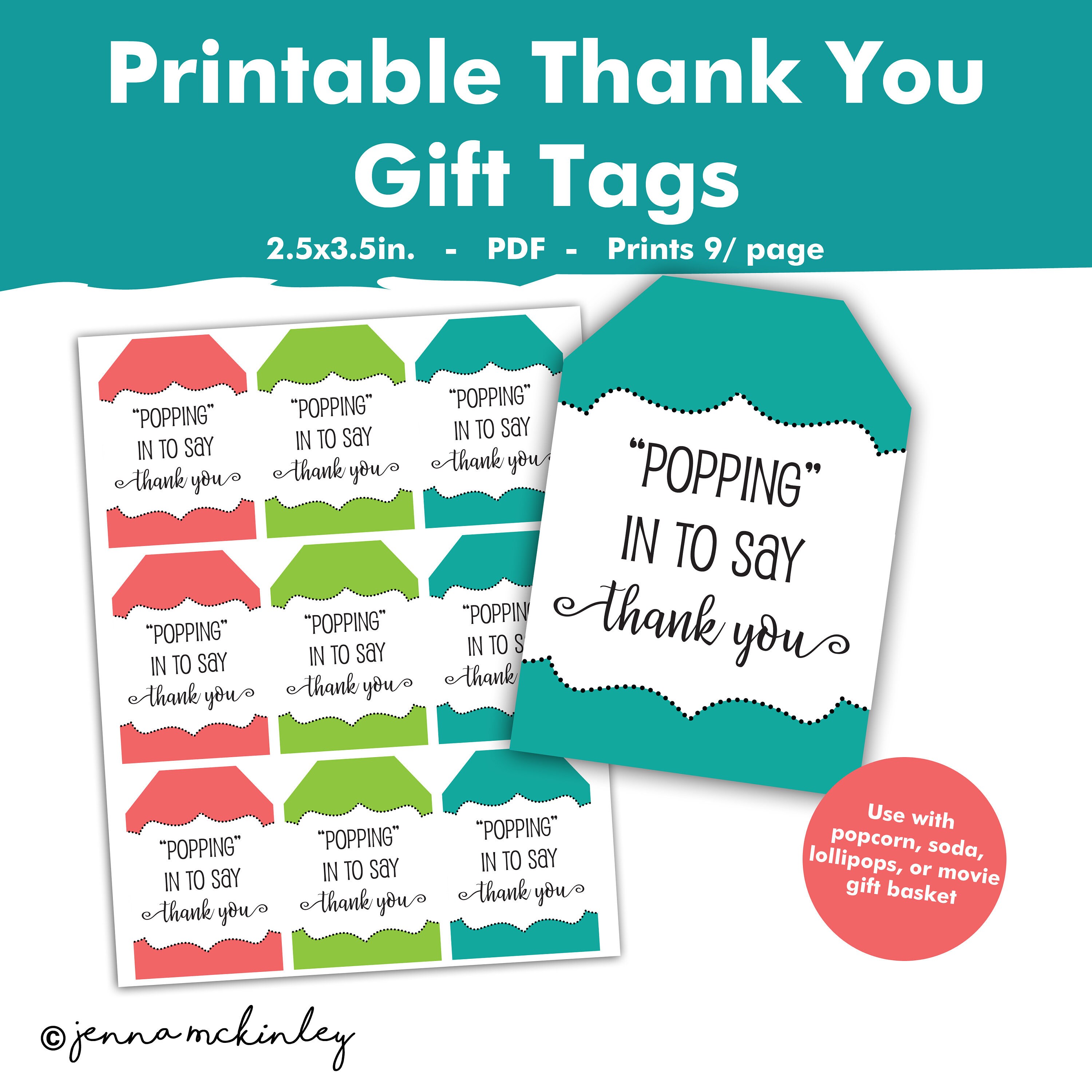 Printable Popping in to Say Thank You Popcorn or Soda Pop Gift Tags Teacher Classroom Employee Appreciation Coworker Office Ideas Labels