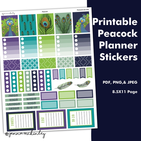 Printable Planner Stickers - Peacock Theme - Instant Download - Bujo Calendar Schedule Organization Weekly Layout Spread Bullet Journal Il_570xn