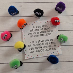 Set of 10 Quiet Critters with Poem, Warm Fuzzies, Random Assorted Colors, Classroom Management, Pom Pom Creatures, Behavior Buddies, Reward