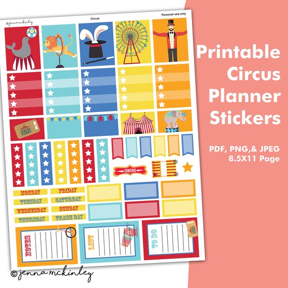 Printable Planner Stickers - Circus Theme - Instant Download - Bullet Journal Bujo - Weekly Spread - Calendar Organization - Carnival Fair Il_570xn
