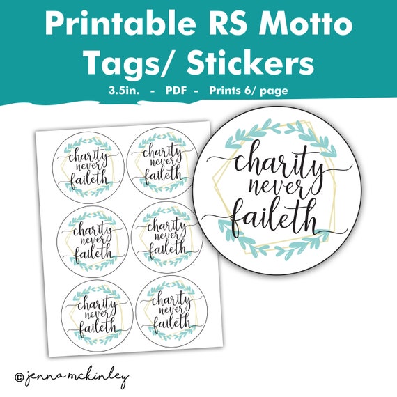 Printable Charity Never Faileth Relief Society Motto Tags Ministering Gift LDS Lesson Helps Enrichment Night Handout Mormon Stickers Label Il_570xn