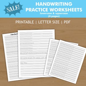 May include: Handwriting practice worksheets featuring lowercase and uppercase letters. The worksheets are printed on white paper with horizontal lines. The image includes the text "HANDWRITING PRACTICE WORKSHEETS" and the word "SALE!"