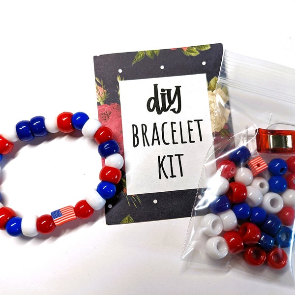 Kids Independence Day Craft, 4th of July Party Favor, DIY Childrens Activity Kit, Beading Craft Set, Stretchy Jewelry, Flag Bracelet