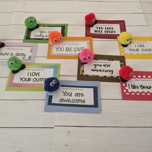 Set of 15 Compliment Cards with Warm Fuzzy Critters, Warm Fuzzies, Assorted Colors, Pom Pom Creatures, Random Acts of Kindness, Kids Service