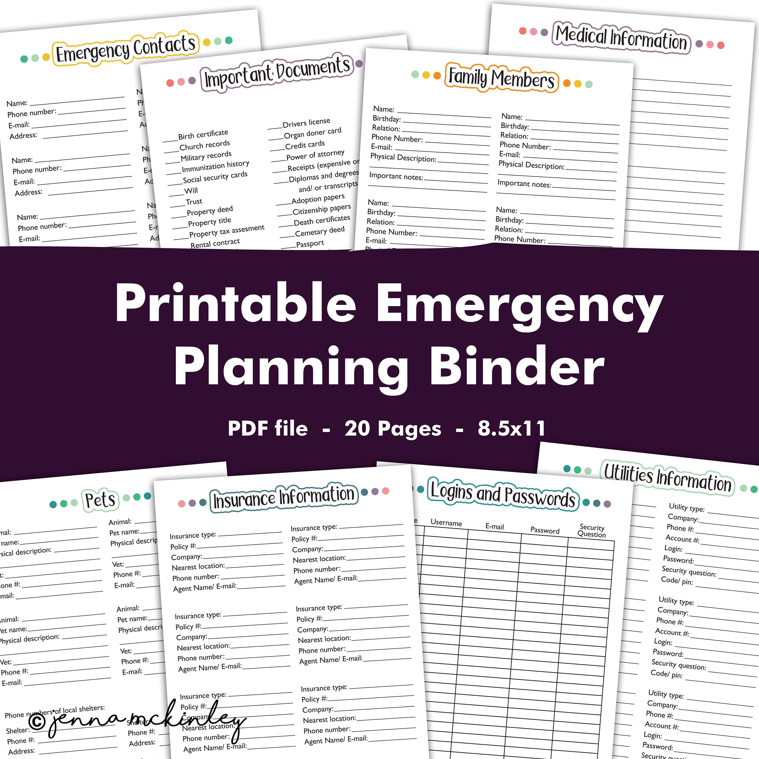 PRINTABLE Emergency Preparedness Planning Binder, Disaster Prep Checklist,  Family Household Plan, Self Reliance Information Worksheets PDF 