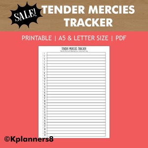 May include: A printable Tender Mercies Tracker document in A5 and letter size PDF format. The white page features a header with the title Tender Mercies Tracker and the subtitle Record the small blessings you notice each day, followed by a numbered list from 1 to 30 with horizontal lines for writing.