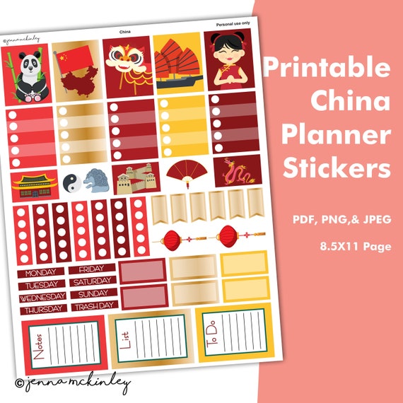 Printable Planner Stickers China Theme Monthly or Weekly Calendar Spread Organization Instant Download Bullet Journal Cute Decorate Chinese Il_570xn