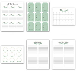 May include: Printable planner pages with a green and gold floral design. The pages include a gift list tracker, gift tags, a monthly calendar, a pantry inventory list, and a fridge and freezer inventory list.