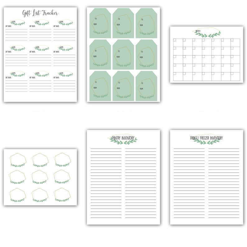 May include: Printable planner pages with a green and gold floral design. The pages include a gift list tracker, gift tags, a monthly calendar, a pantry inventory list, and a fridge and freezer inventory list.