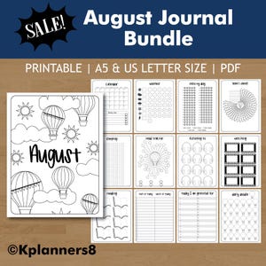 May include: A printable August Journal Bundle in PDF format, including A5 and US Letter sizes. The collection features black and white pages with hot air balloon illustrations, a calendar, weather tracker, habit wheel, and various daily logs.